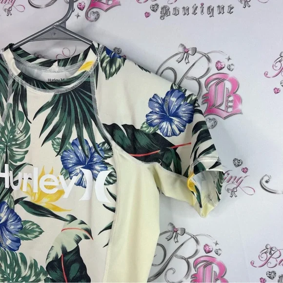 Hurley rash guard swim shirt Cream T-Shirt with Green and Blue Tropical Print - Picture 4 of 9